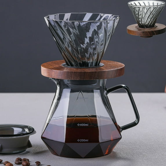 Vacemry Under $5 Pour Over Coffee Maker, Glass Drip Filter Sharing Pot, Hand Brewed Coffee Pot with Wood Base, Striped Gray Mist Pattern Carafe