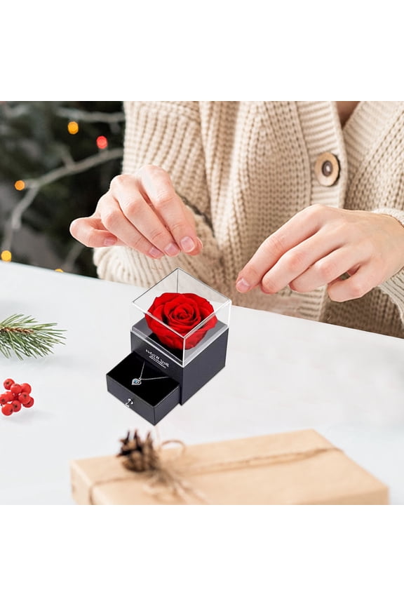 Under $5 Rose Jewelry Gift Box Set, Simulated Flower with Necklace, Eternal Rose Arrangement for Valentines Day, Birthday Present for Women