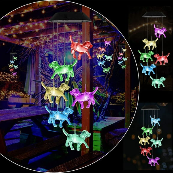 Vacemry Under $5 Solar Dog Wind Chime, Colorful Rotating LED Outdoor Decor, Crystal Clear Garden Courtyard Light, Automatic Dusk to Dawn Operation