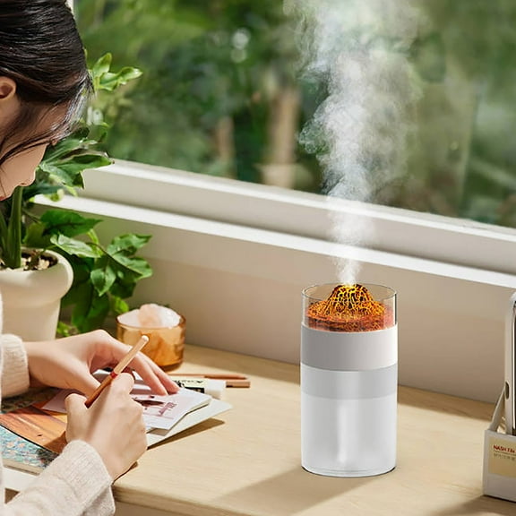 Vacemry Volcano HumidifierUSB Plug-in Humidifier with Color Changing Lights, Mini Air Moisturizer for Bedroom Desk, Quiet Cool Mist Aroma Diffuser with Remote, 250ml Tank for Dry Air