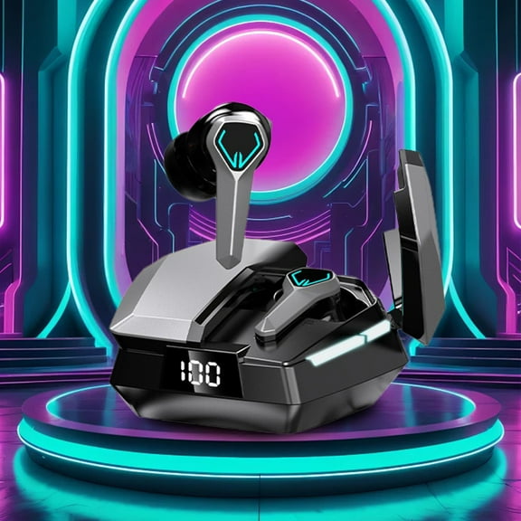 Vacemry Wireless Gaming EarbudsMecha Design with Digital Display, Bluetooth 5.4 with Low Latency and Powerful Bass, Long Battery Life for Gaming Music and Videos