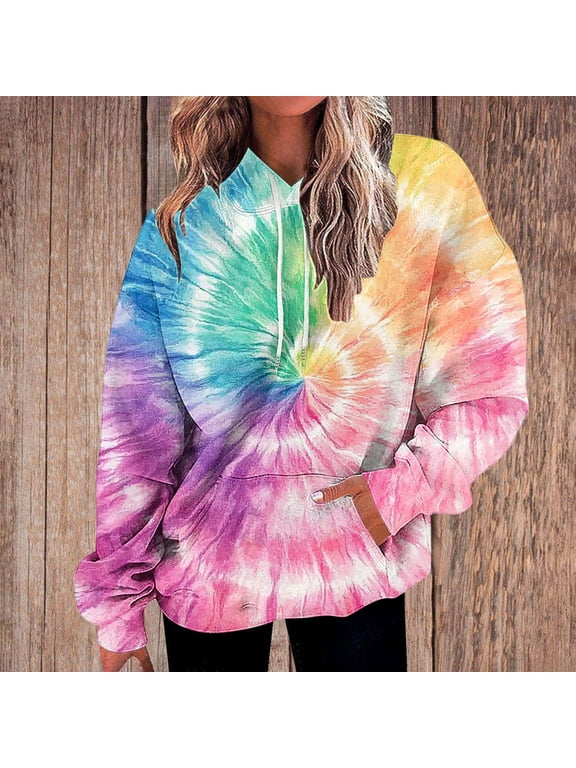 Women's Tie Dye Hoodie Long Sleeve Casual Pullover Tops Boho Loose Sweatshirts Fall Winter Outfits Fashion, Pink 2XL
