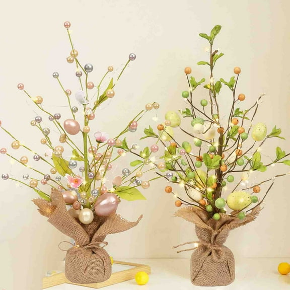 Vacemry under $5 2Pcs Easter LED Tree, Light Up Decorative Tabletop Ornament with Glowing Eggs, Plastic Construction for Holiday Scene Setting