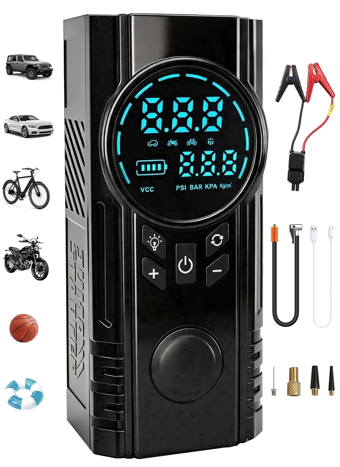 Furein Jump Starter with Air Compressor, 1200A Peak Portable Car Battery Booster (12V) with 150PSI Auto-Shutoff Tire Inflator, LED Flashlight & SOS Light, 8000mAh Lithium Jump Box with Anti-Reverse S