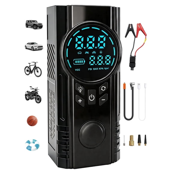 Tire Inflator Portable Air Compressor - VACHAN Air Pump for Car Tires with Digital Pressure Gauge, LED Light and Auto Shut-Off Function - Cordless Pump for Car, Motorcycle, Bicycle, Ball
