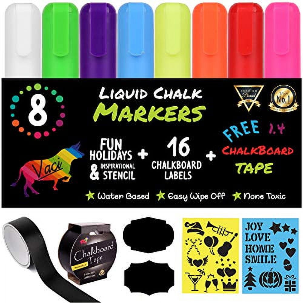 Vaci 8 Multicolored Liquid Chalk Markers with Tape, Stencils & Labels | Erasable, Non-Toxic, Water-Based Pens | 6 mm Reversible Tip | On Chalkboards, Windows, Glass, Blackboards & More | Adults