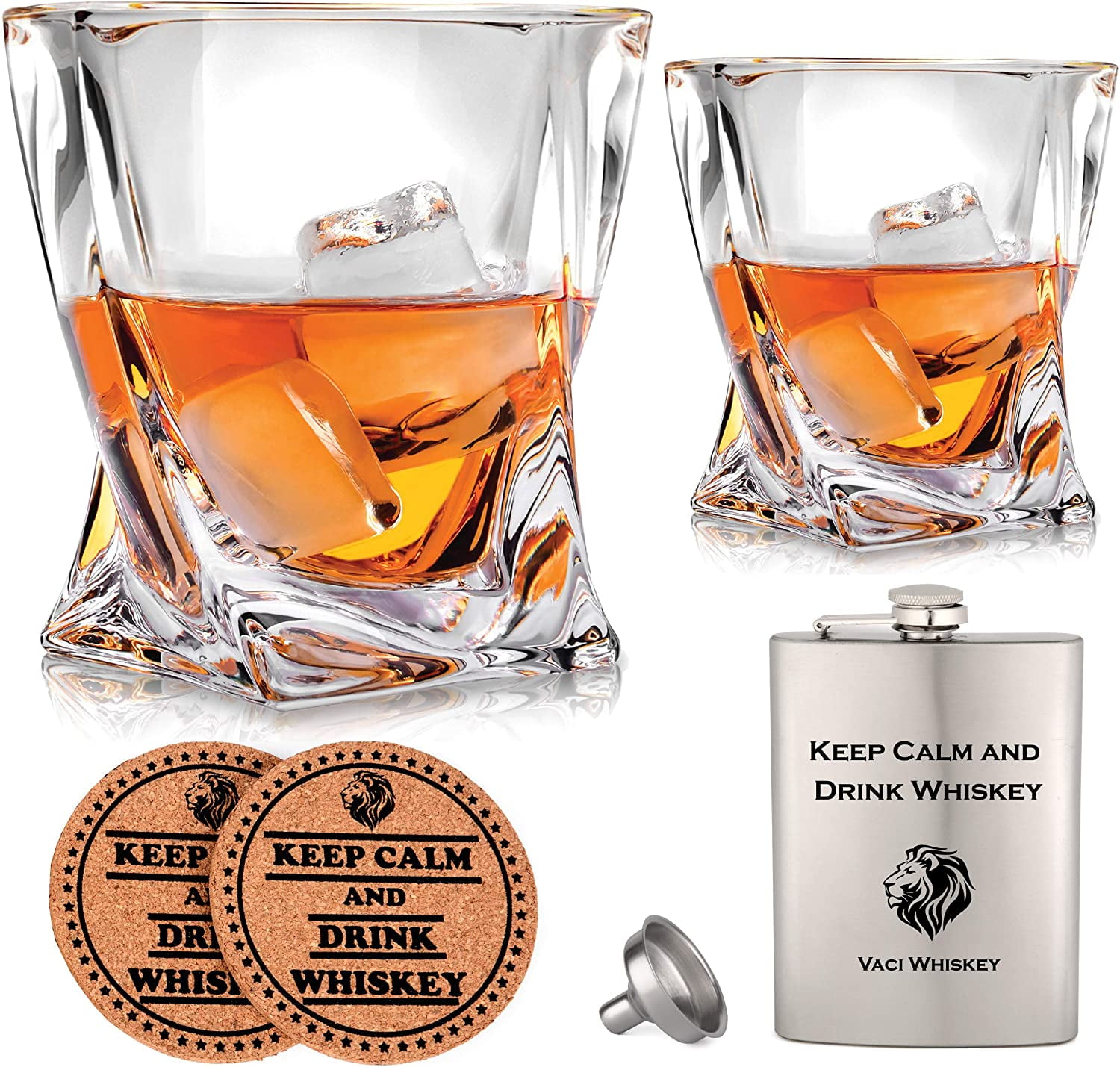 Vaci Lead-Free Crystal Whiskey Glasses Set with Stainless Steel Flask