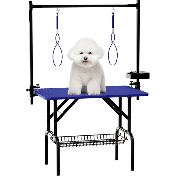 Vacmaste 36In Large Dog Grooming Table, Foldable Pet Station at Home, Dog Grooming Table,Adjustable Cat Drying Desktop with Arms,Tools Storage Rack, Nooses, Mesh Tray,Blue