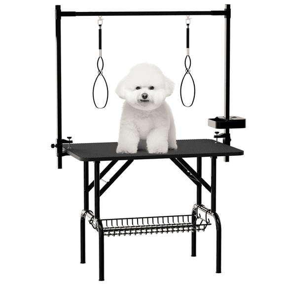 Vacmaste 36In Large Dog Grooming Table, Foldable Pet Station at Home, Dog Grooming Table,Adjustable Cat Drying Desktop with Arms,Tools Storage Rack, Nooses, Mesh Tray,Black