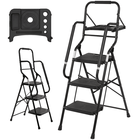 Vacmaster 3 Step Ladder with Handrails Folding Step Stool with Tool Plateform, 330 lb Capacity Step Stools for Adults Portable Ladder for Home Kitchen Steel Frame with Non-Slip Wide Pedal