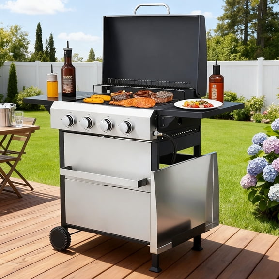 Vacmaster 4-Burner Propane Gas BBQ Grill, Stainless Steel barbeque Grill,49200BTU Output with Wire Enamel Cooking Grids, Built-in Thermometer,For Outdoor Barbecue,Foldable Side Table