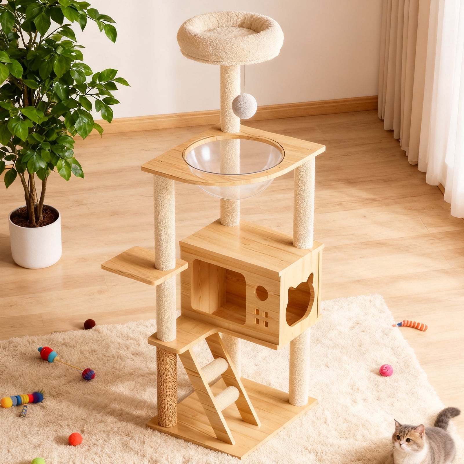 Vacmaster 48.8in Modern Cat Tower, Wood Cat Tree Tower for Indoor Cats, Cat Treewith Sisal-Covered Scratching Posts and Top Perch, Cat Condo with Acrylic Hammock for Small Large Cats