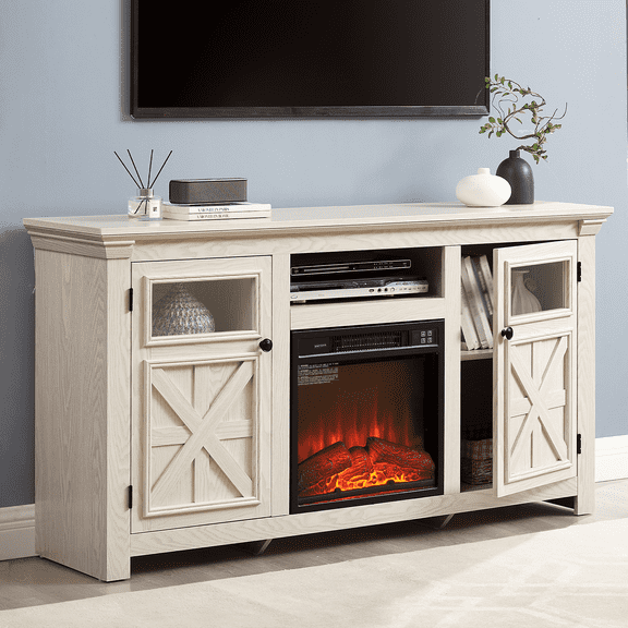 Vacmaster 60-in White 2 Door Farmhouse TV Stand With 18in Fireplace Insert, Modern Wooden Media Cabinet, Large Barn-Style Home Entertainment Console, for TV up to 32-65in