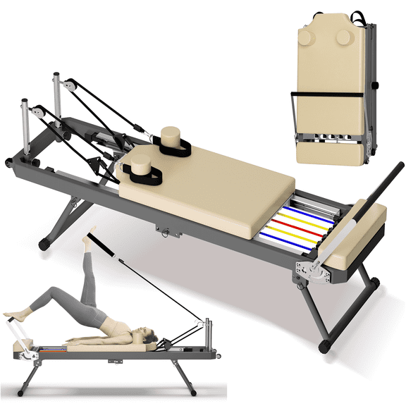Vacmaster 77.9in Foldable Pilates Core Reformer with 300Lbs Capacity, Adjustable Core Training Bed,yoga studio same commercial fitness equipment,for Beginners & Pro Workouts,Beige