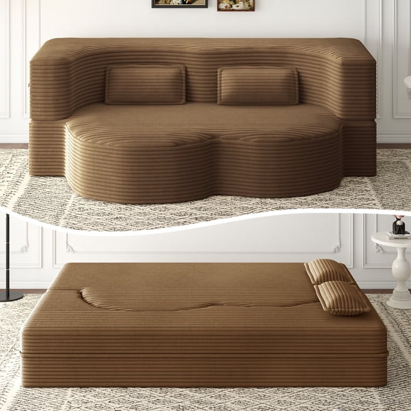 Vacmaster Convertible Loveseat Sofa Bed, 2-in-1 Boneless Floor Couch with Full Mattress, Plush Corduroy Fabric, No Assembly Required, Includes 2 Pillows for Living Room,Guestroom,Camel