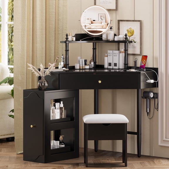 Vacmaster Corner Vanity Desk Set with Storage Cushioned Stool and Charging Station, Triangle Makeup Desk with Removable Pull-Out Side Cabinet, Glass Tabletop Makeup Vanity Desk with Drawer and Shelf,