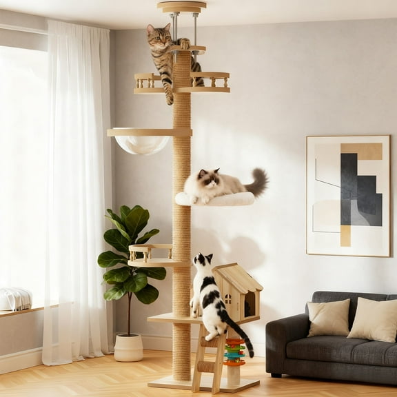 Vacmaster Floor to Ceiling Cat Tree, Cat Tower with Scratching Post, Adjustable Height(98-110 Inch), Large Wood Condo Cave Bed and Acrylic Hammock, Modern Cat Activity Tree for Small Large Cats