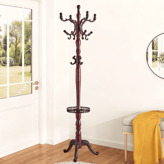 Vacmaster Freestanding Coat Rack with 11 Hooks, Sturdy Wooden Hall Tree for Entryway, Heavy-Duty Tri-Legged Base for Hats, Jackets, Bags, Easy Assembly for Bedroom, Hallway, Office