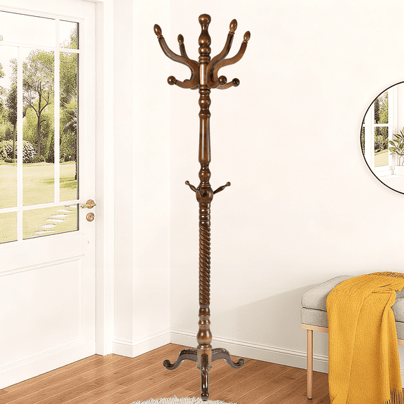 Vacmaster Freestanding Coat Rack with 11 Hooks, Sturdy Wooden Hall Tree for Entryway, Heavy-Duty Tri-Legged Base for Hats, Jackets, Bags, Easy Assembly for Bedroom, Hallway, Office