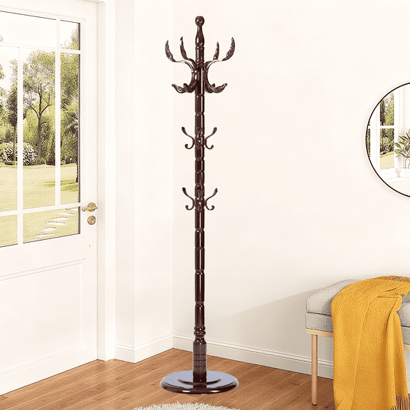 Vacmaster Freestanding Coat Rack with 14 Hooks, Sturdy Wooden Hall Tree for Entryway, Heavy-Duty Disc Base,for Hanging Hats, Jackets, Bags, Easy Assembly for Bedroom, Hallway, Office