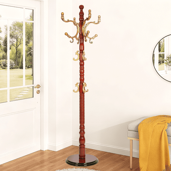 Vacmaster Freestanding Coat Rack with 14 Hooks, Sturdy Wooden Hall Tree for Entryway, Heavy-Duty Disc Base,for Hanging Hats, Jackets, Bags, Easy Assembly for Bedroom, Hallway, Office