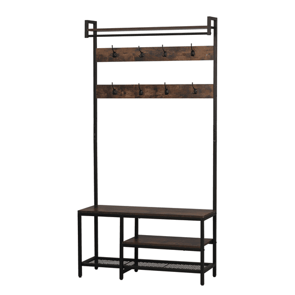 Vacmaster Hall Tree with Bench and Shoe Storage,5-In-1 Wood Metal Entryway Storage with 16 Hooks & 2-Tier Shelf, 71" Freestanding Industrial Coat Rack for Mudroom, Hallway, Bedroom (Rustic Brown)
