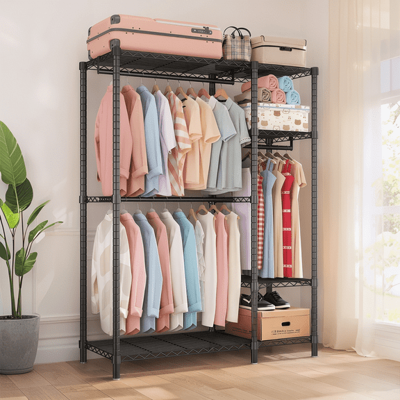 Vacmaster Heavy Duty Clothes Rack,Freestanding Clothing Organizer,Standing hanging Garment Racks, with Wheels Hanging Rods & Side Hooks, with 6 Adjustable Wire Shelves and 3 Clothes Rails,Black