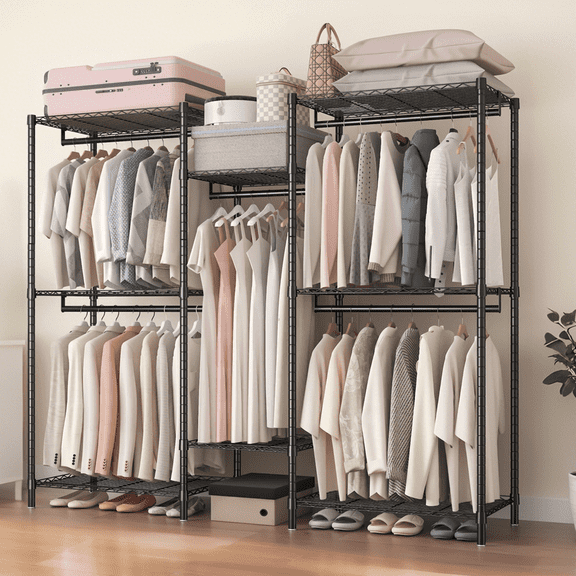 Vacmaster Heavy Duty Garment Rack,Freestanding Portable Closet Organizer,Standing Hanging Garment Racks,Clothing Racks for Hanging Clothes,with 8 Adjustable Wire Shelves and 5 Clothes Rails,Black