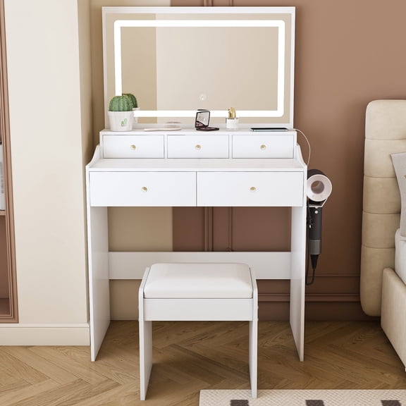 Vacmaster Large Mirror Vanity Desk with 3-Color Adjustable LED Lighting, White Modern Makeup Vanity Set with Power Outlet, Hair Dryer Holder & 5 Drawers, Dressing Table for Bedroom