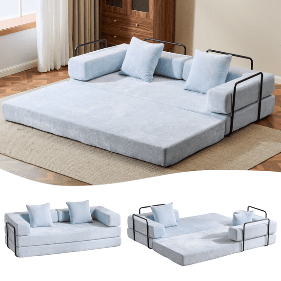Vacmaster Light Blue Floor Couch,Convertible Sofa Bed,Small Comfy Futon Couch Lounge Sleeper Bed,Boneless Compression Sofa,with Pillow Back Support Armrest,Chenille fabric,for Living Room,Bedroom