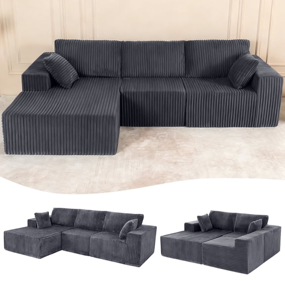 Vacmaster Modular Cloud Couch Sectional, 3-seat L-shaped sofa, Boneless compression sofa, with Chaise & Pillows, Upholstered Couches for Living Room and Bedroom,No Assembly,Grey