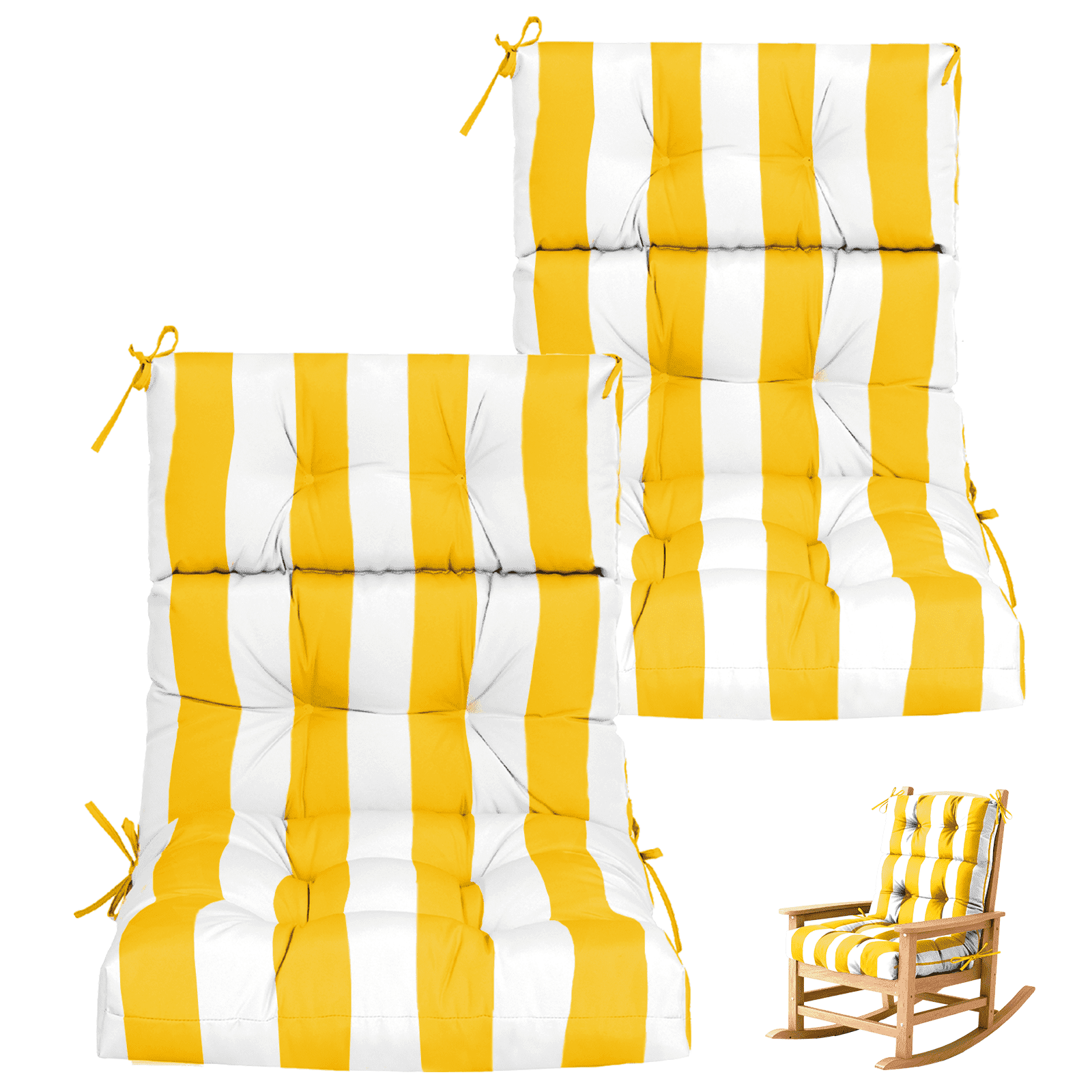 Vacmaster Patio High Back Chair Cushions Set of 2 - Outdoor Dining Chair Pads,Waterproof Replacement Seat Pad,for Rocking and Lounge Chairs,Indoor & Outdoor Furniture Cushions,Bright Yellow Stripes