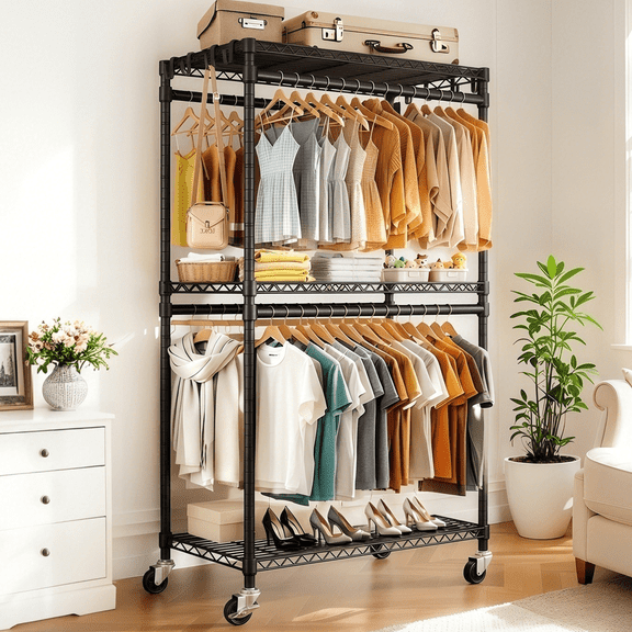 Vacmaster Rolling Clothes Rack Heavy Duty,Standing hanging Garment Racks, Freestanding Clothing Organizer,with Wheels Hanging Rods & Side Hooks,with Storage Shelves,Black