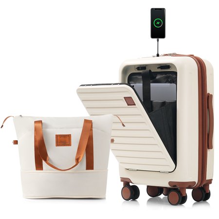 Vacmaster luggage sets,Front Opening 20-Inch Carry-On Luggage with Expandable Travel Bag Set, ABS Hard Shell Two-piece suitcase set with USB Port , Cup Holder, ivory and brown