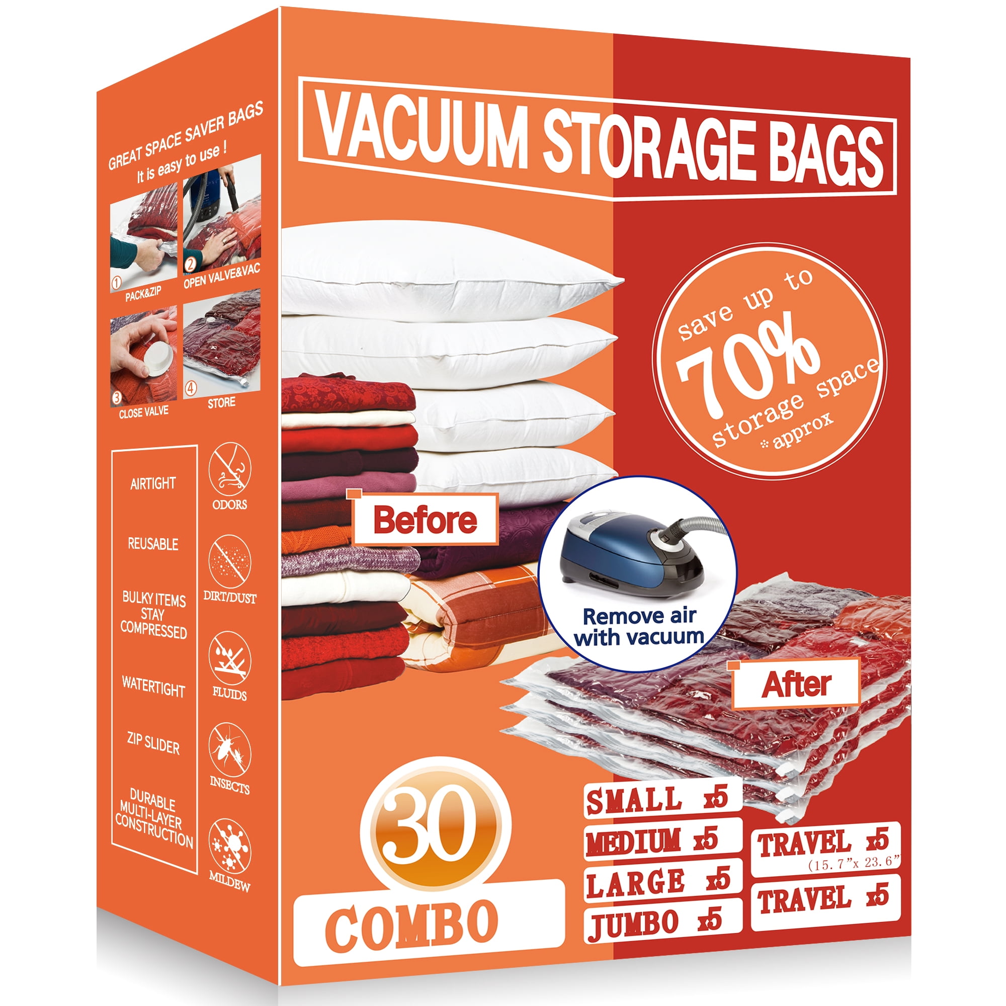 Vacpack Space Saver Bags 30 Pack Vacuum Storage Compression Bags with 1  Hand Pump