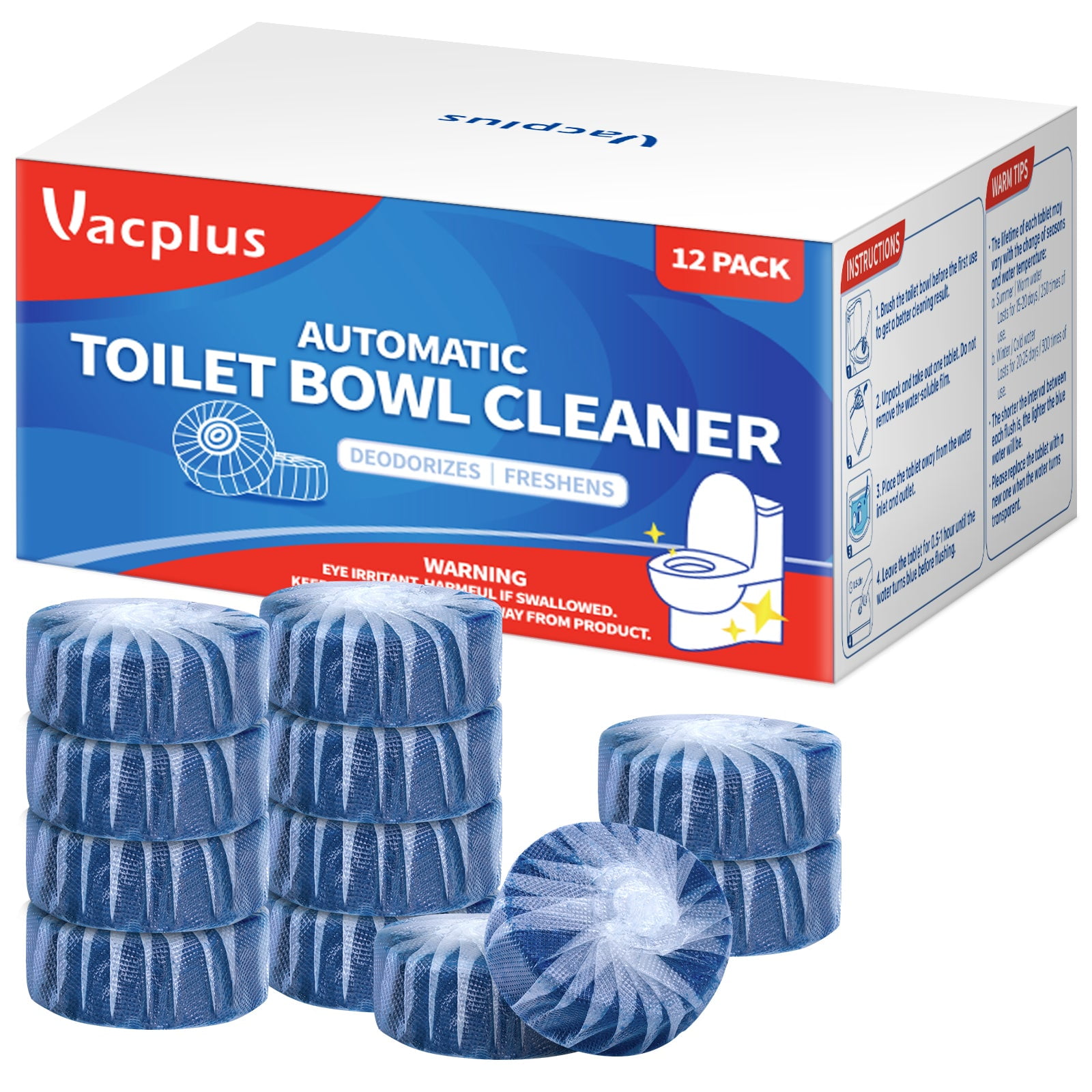 Vacplus Toilet Bowl Cleaners Tablets, Fragrance Free, 1.7 oz, 12 Pack