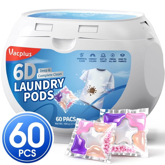 Vacplus Laundry Detergent, 6-in-1 Laundry Pods for Stain & Odor Control, Laundry Soap Pods with Gentle Formular, Rose Scent, 60 Count