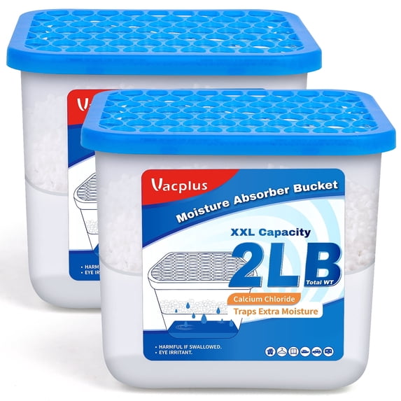 Vacplus 2 Lb Moisture Absorber Bucket, 2 Count, Calcium Chloride Dehumidifier for Basement, Closet & Bathroom