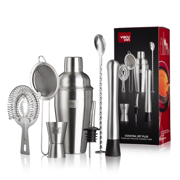 Vacu Vin Cocktail Set Plus - 7 Essential Tools for Mixing and Serving Cocktails - Dishwasher Safe - Cocktail Shaker, Double Jigger, Muddler, Hawthorne Strainer - Perfect Wine Gifts