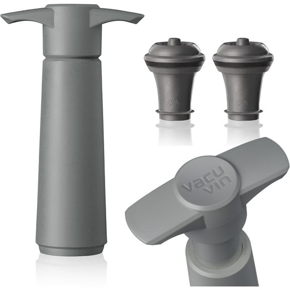 Vacu Vin Wine Saver Pump Grey with Vacuum Wine Stopper - Keep Your Wine Fresh for up to 10 Days - 1 Pump 2 Stoppers - Reusable - Made in the Netherlands