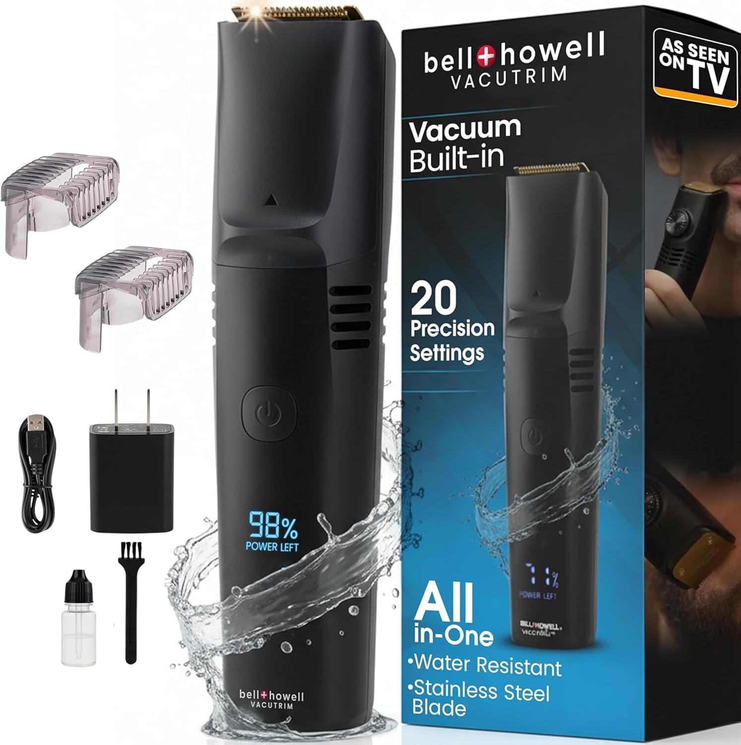 Vacutrim Vacuum Cordless Mens Beard Trimmer, Rechargeable Electric Shaver with 20 Trim Setting Calibration Dial and Built-in Vacuum for Mustache, Sideburns. Fac