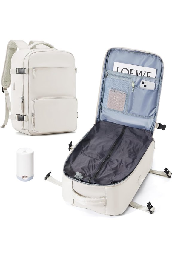 Vacuum Backpack Travel Backpack with Compression, Men Women Vacuum Backpack with Air Pump, Carry Backpack Flight Approved Personal Item Size - White