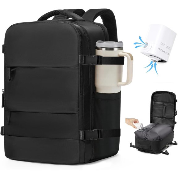 Vacuum Backpack Travel with Electric Pump Vacpack System Storage Compression Carry on Laptop Work Business Waterproof College Bags Casual Daypack Backpacks for Women Men Black