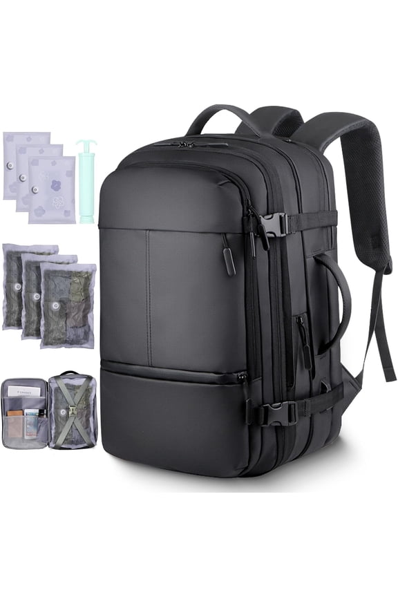 Vacuum Backpack Travel-Expandable Vacpack Backpack with 3 Compression Bags and Manual Pump,  & Laptop Compartment(Fits 17"), Carry- Luggage Backpacks for Flight/Business, Black