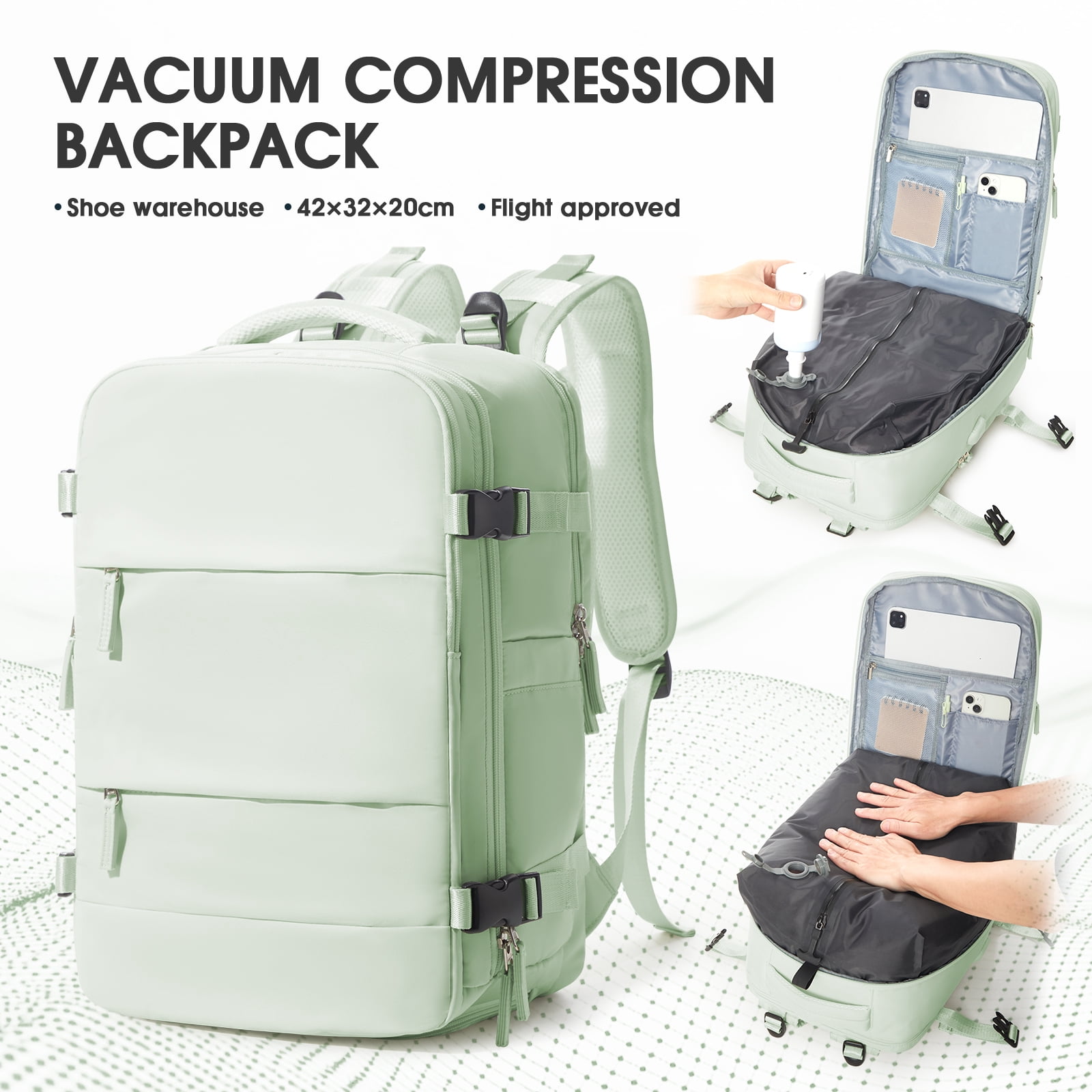 Vacuum Backpack for Travel, Vacuum Seal Carry on Backpack with Vacuum Compression, Travel Backpack with Pump for Women Men Airline Approved, Air Vacpack for Work College Daypack, Mint Green