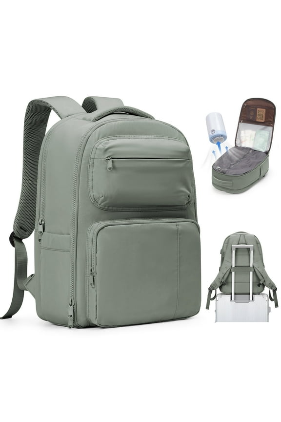 Vacuum Travel Backpack with Pump, Vacuum Seal Compression Backpack for Travel on Airplane, Vacpack Backpack with Vacuum Packing for Women Men Airpack Daypack Fit 17 Inch Laptop Travel Bookbag Green