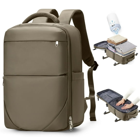 Air Seal Travel Backpack Vacuum Compression Backpack Travel with Pump, Vacpack Vacuum Seal Carry on Backpack for Traveling Airline Approved, Waterproof Airpack Laptop Backpack 17 Inch Airback Brown