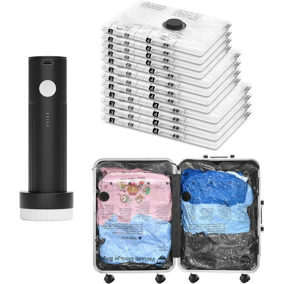 Vacuum Bags for Travel with Rechargeable Pump, 12 Combo (4L/4M/4S) Compression Packing Seal Bags for Luggage Suitcase, Space Saver for Clothing and Clothes Storage Travel