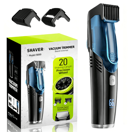 Vacuum Beard Trimmer for Men, Men’s Electric Stubble Trimmer with LED Display, 20 Length Settings, IPX7 Waterproof, USB Charge, Gifts for Men, Blue