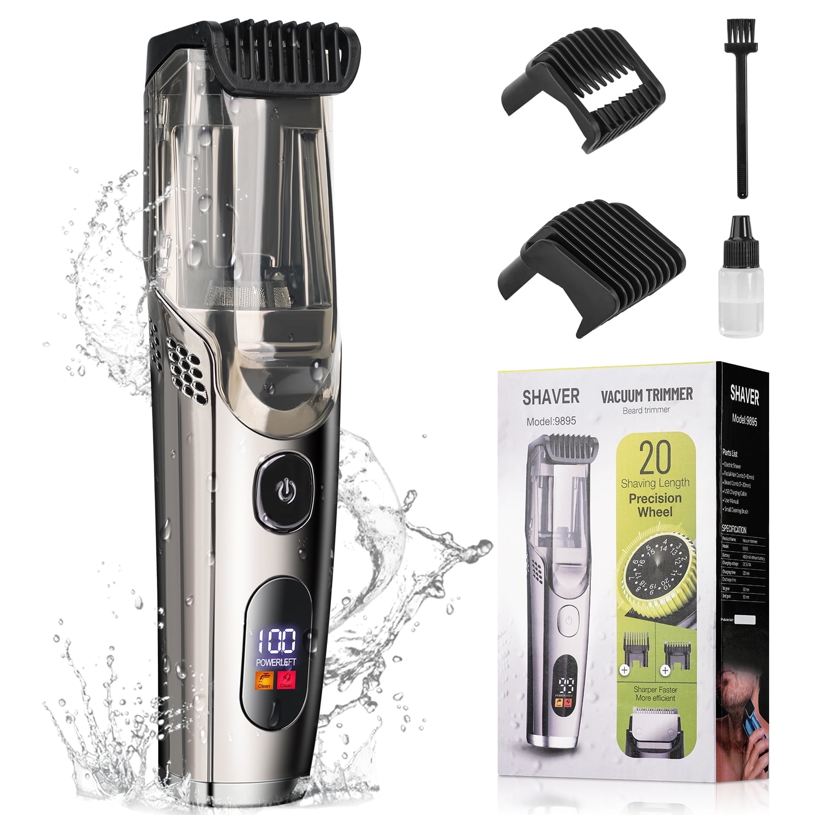 Prozing Vacuum Beard Trimmer for Men, Hair Clippers for Men with Adjustable Comb (1-20mm), Precision Blades Cordless Electric Razor for Mustache & Stubble, IPX6 Waterproof Grooming Shaver